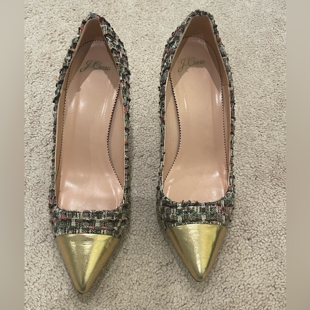J.Crew gold metallic and tweed heels